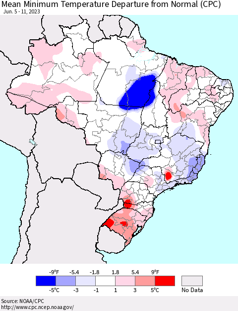 Brazil Mean Minimum Temperature Departure from Normal (CPC) Thematic Map For 6/5/2023 - 6/11/2023