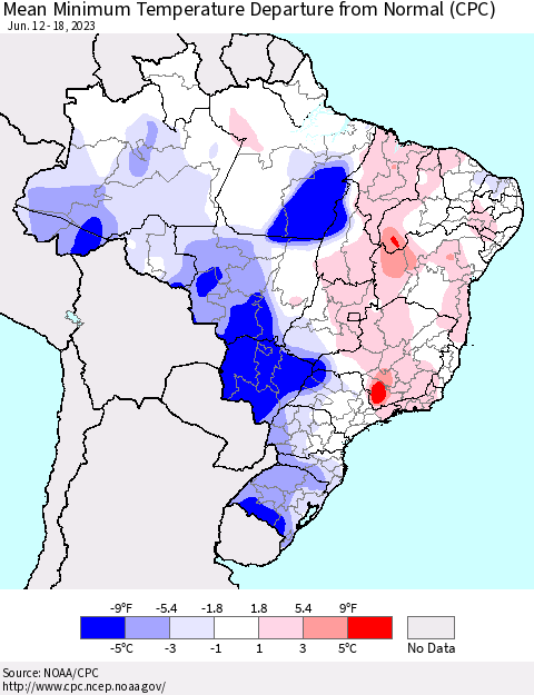 Brazil Mean Minimum Temperature Departure from Normal (CPC) Thematic Map For 6/12/2023 - 6/18/2023