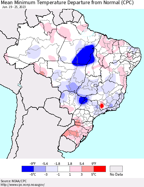 Brazil Mean Minimum Temperature Departure from Normal (CPC) Thematic Map For 6/19/2023 - 6/25/2023