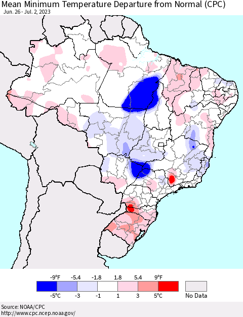Brazil Mean Minimum Temperature Departure from Normal (CPC) Thematic Map For 6/26/2023 - 7/2/2023