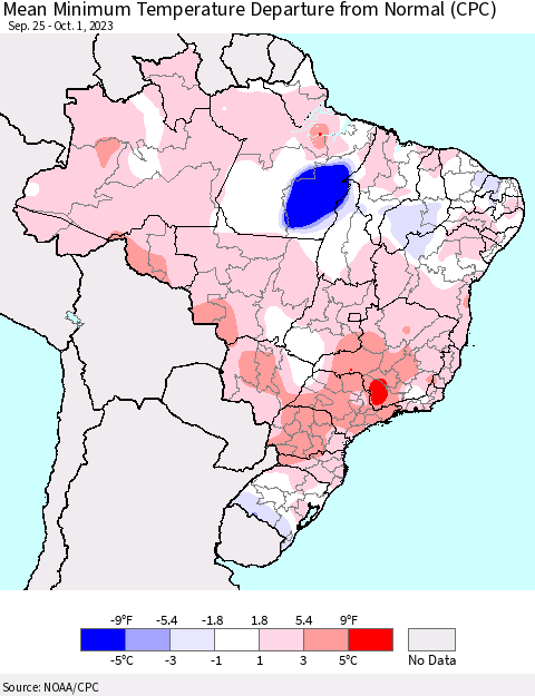 Brazil Mean Minimum Temperature Departure from Normal (CPC) Thematic Map For 9/25/2023 - 10/1/2023