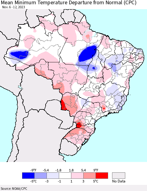 Brazil Mean Minimum Temperature Departure from Normal (CPC) Thematic Map For 11/6/2023 - 11/12/2023