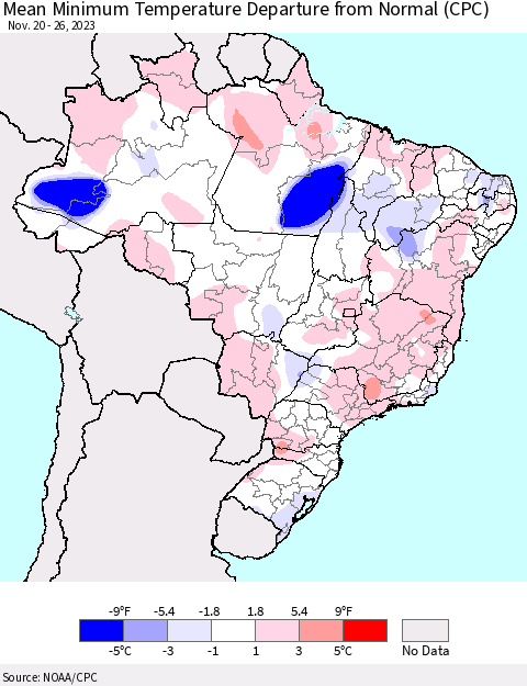 Brazil Mean Minimum Temperature Departure from Normal (CPC) Thematic Map For 11/20/2023 - 11/26/2023