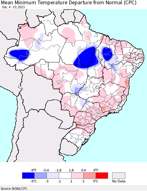 Brazil Mean Minimum Temperature Departure from Normal (CPC) Thematic Map For 12/4/2023 - 12/10/2023