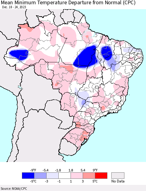 Brazil Mean Minimum Temperature Departure from Normal (CPC) Thematic Map For 12/18/2023 - 12/24/2023