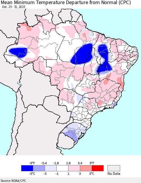 Brazil Mean Minimum Temperature Departure from Normal (CPC) Thematic Map For 12/25/2023 - 12/31/2023