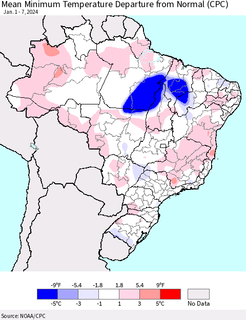 Brazil Mean Minimum Temperature Departure from Normal (CPC) Thematic Map For 1/1/2024 - 1/7/2024
