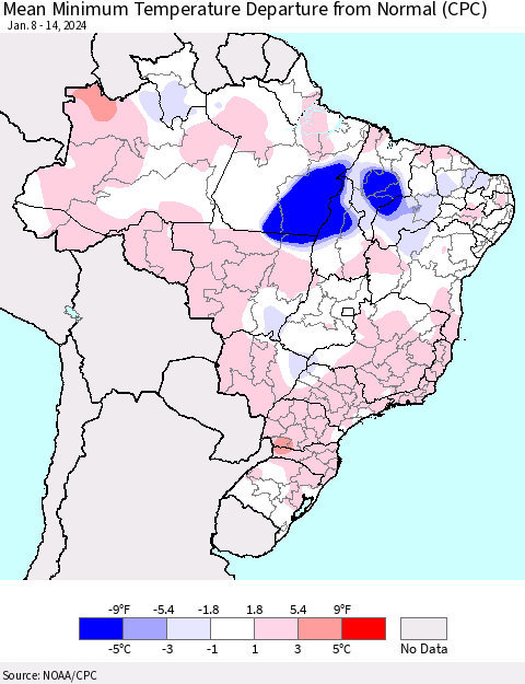 Brazil Mean Minimum Temperature Departure from Normal (CPC) Thematic Map For 1/8/2024 - 1/14/2024