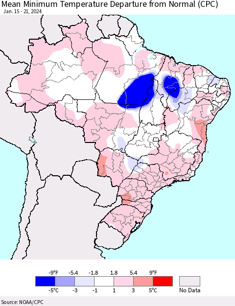 Brazil Mean Minimum Temperature Departure from Normal (CPC) Thematic Map For 1/15/2024 - 1/21/2024