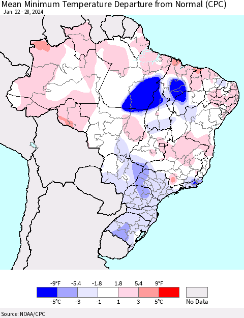 Brazil Mean Minimum Temperature Departure from Normal (CPC) Thematic Map For 1/22/2024 - 1/28/2024