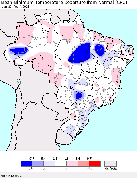 Brazil Mean Minimum Temperature Departure from Normal (CPC) Thematic Map For 1/29/2024 - 2/4/2024