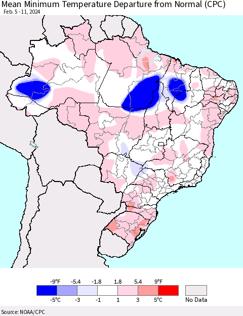 Brazil Mean Minimum Temperature Departure from Normal (CPC) Thematic Map For 2/5/2024 - 2/11/2024