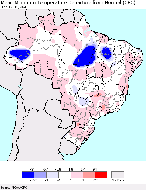 Brazil Mean Minimum Temperature Departure from Normal (CPC) Thematic Map For 2/12/2024 - 2/18/2024