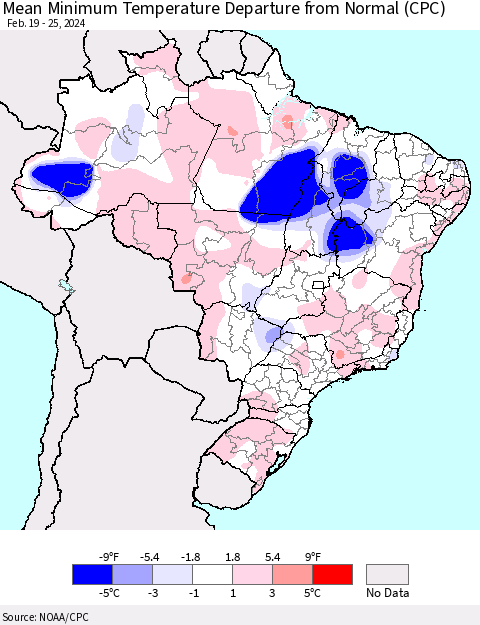 Brazil Mean Minimum Temperature Departure from Normal (CPC) Thematic Map For 2/19/2024 - 2/25/2024