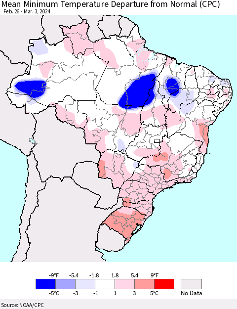 Brazil Mean Minimum Temperature Departure from Normal (CPC) Thematic Map For 2/26/2024 - 3/3/2024