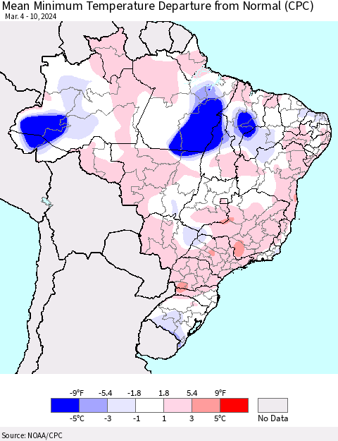 Brazil Mean Minimum Temperature Departure from Normal (CPC) Thematic Map For 3/4/2024 - 3/10/2024