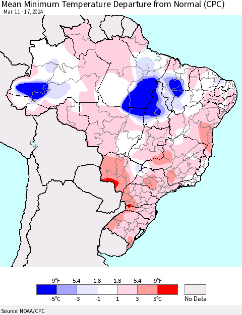 Brazil Mean Minimum Temperature Departure from Normal (CPC) Thematic Map For 3/11/2024 - 3/17/2024