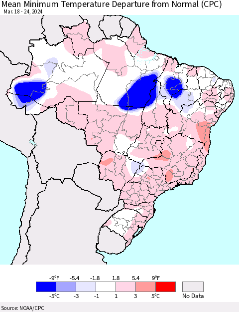 Brazil Mean Minimum Temperature Departure from Normal (CPC) Thematic Map For 3/18/2024 - 3/24/2024