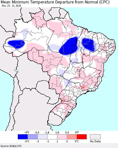 Brazil Mean Minimum Temperature Departure from Normal (CPC) Thematic Map For 3/25/2024 - 3/31/2024