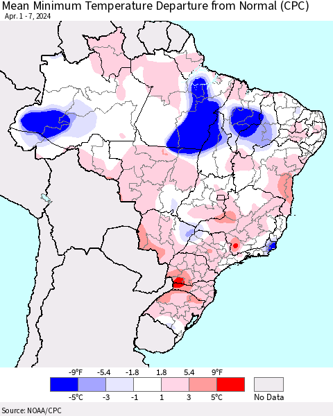 Brazil Mean Minimum Temperature Departure from Normal (CPC) Thematic Map For 4/1/2024 - 4/7/2024