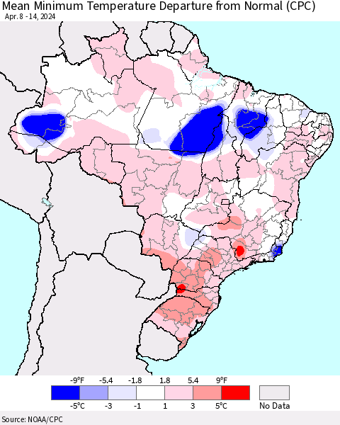 Brazil Mean Minimum Temperature Departure from Normal (CPC) Thematic Map For 4/8/2024 - 4/14/2024