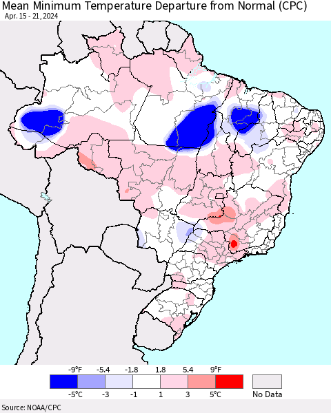 Brazil Mean Minimum Temperature Departure from Normal (CPC) Thematic Map For 4/15/2024 - 4/21/2024