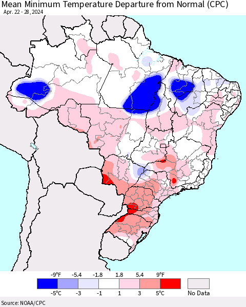 Brazil Mean Minimum Temperature Departure from Normal (CPC) Thematic Map For 4/22/2024 - 4/28/2024