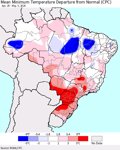 Brazil Mean Minimum Temperature Departure from Normal (CPC) Thematic Map For 4/29/2024 - 5/5/2024