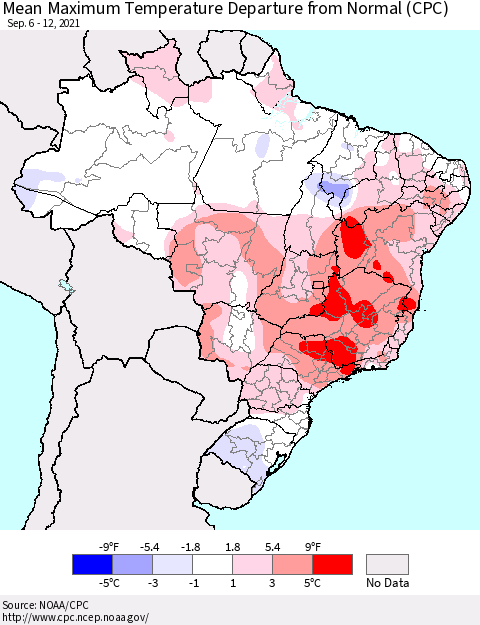 Brazil Mean Maximum Temperature Departure from Normal (CPC) Thematic Map For 9/6/2021 - 9/12/2021