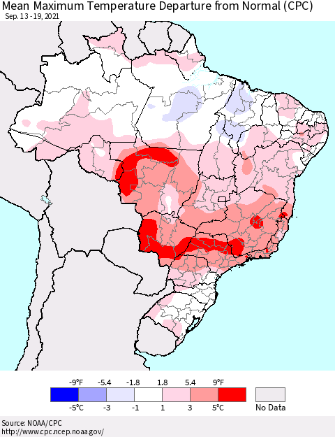 Brazil Mean Maximum Temperature Departure from Normal (CPC) Thematic Map For 9/13/2021 - 9/19/2021
