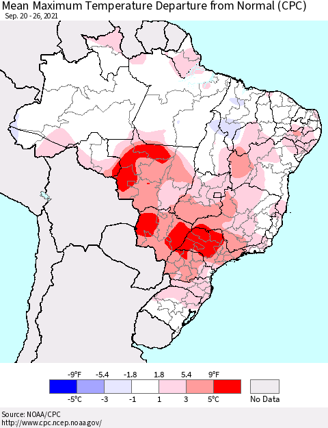 Brazil Mean Maximum Temperature Departure from Normal (CPC) Thematic Map For 9/20/2021 - 9/26/2021