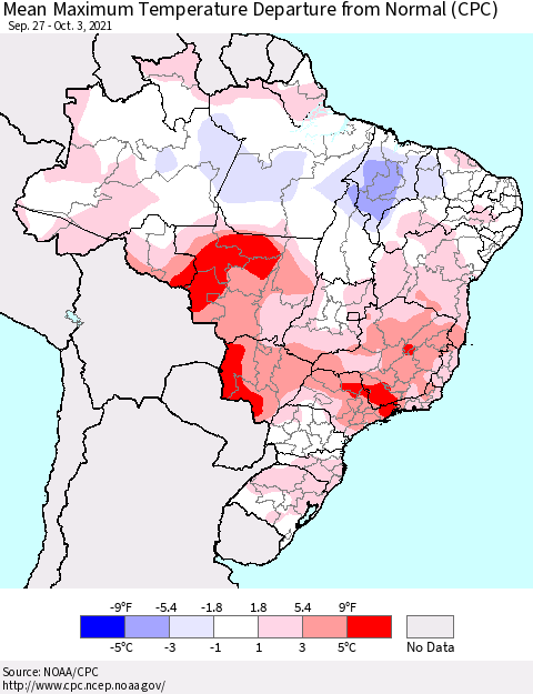 Brazil Mean Maximum Temperature Departure from Normal (CPC) Thematic Map For 9/27/2021 - 10/3/2021