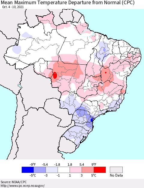 Brazil Mean Maximum Temperature Departure from Normal (CPC) Thematic Map For 10/4/2021 - 10/10/2021