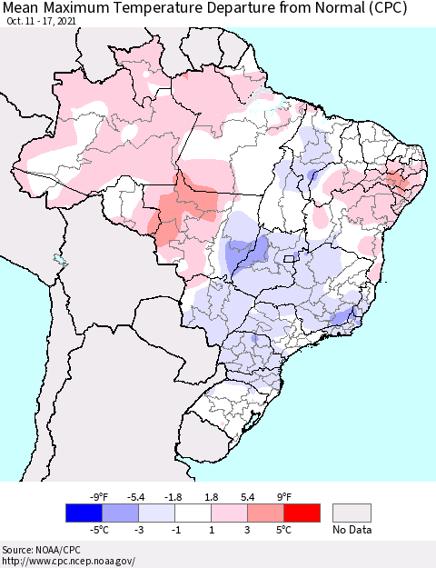 Brazil Mean Maximum Temperature Departure from Normal (CPC) Thematic Map For 10/11/2021 - 10/17/2021