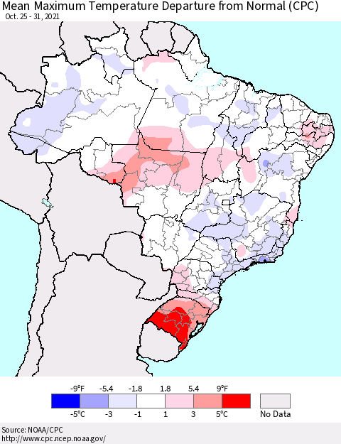 Brazil Mean Maximum Temperature Departure from Normal (CPC) Thematic Map For 10/25/2021 - 10/31/2021