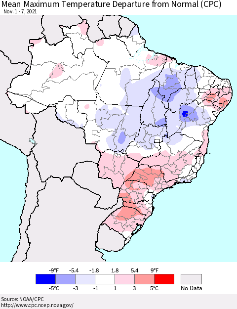 Brazil Mean Maximum Temperature Departure from Normal (CPC) Thematic Map For 11/1/2021 - 11/7/2021