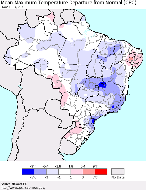 Brazil Mean Maximum Temperature Departure from Normal (CPC) Thematic Map For 11/8/2021 - 11/14/2021