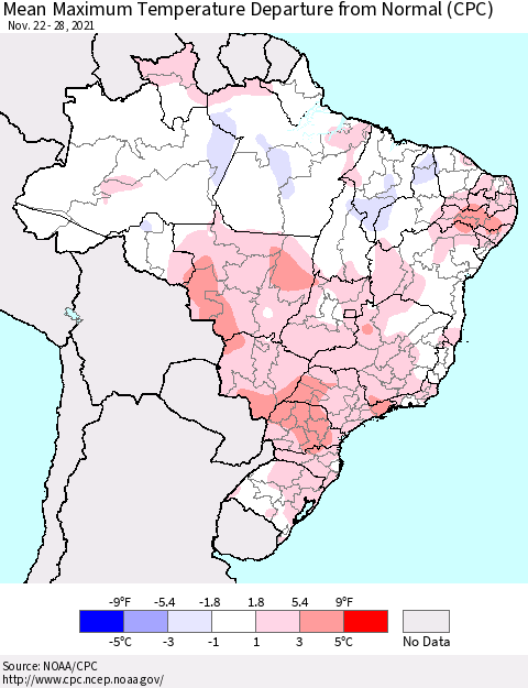 Brazil Mean Maximum Temperature Departure from Normal (CPC) Thematic Map For 11/22/2021 - 11/28/2021