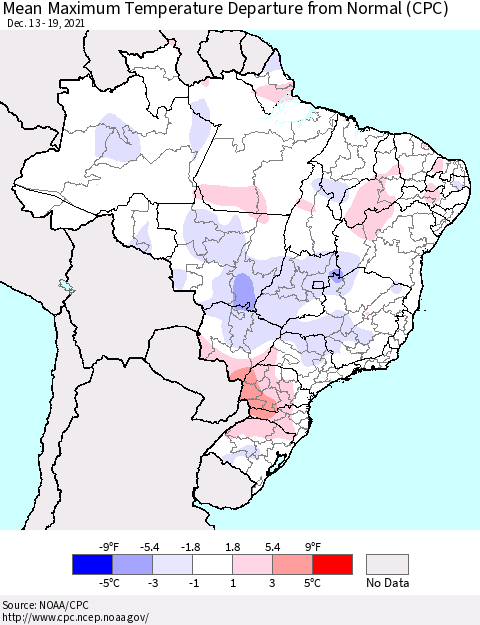 Brazil Mean Maximum Temperature Departure from Normal (CPC) Thematic Map For 12/13/2021 - 12/19/2021