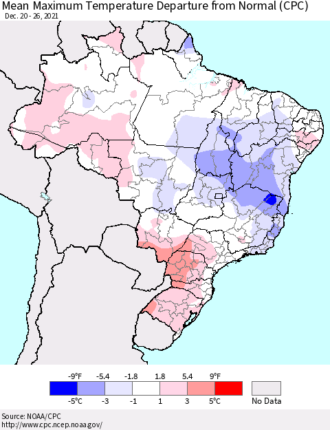 Brazil Mean Maximum Temperature Departure from Normal (CPC) Thematic Map For 12/20/2021 - 12/26/2021