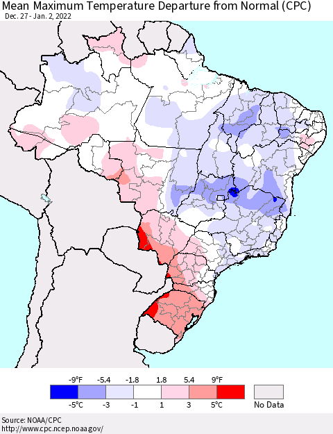 Brazil Mean Maximum Temperature Departure from Normal (CPC) Thematic Map For 12/27/2021 - 1/2/2022