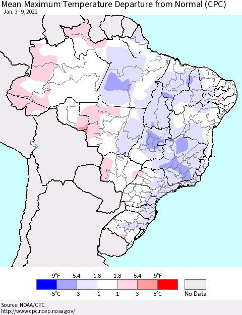 Brazil Mean Maximum Temperature Departure from Normal (CPC) Thematic Map For 1/3/2022 - 1/9/2022