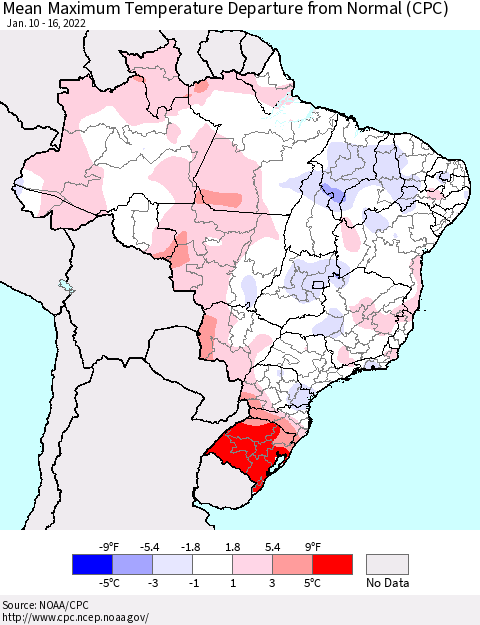Brazil Mean Maximum Temperature Departure from Normal (CPC) Thematic Map For 1/10/2022 - 1/16/2022