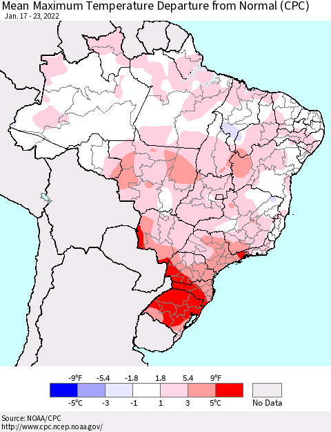 Brazil Mean Maximum Temperature Departure from Normal (CPC) Thematic Map For 1/17/2022 - 1/23/2022