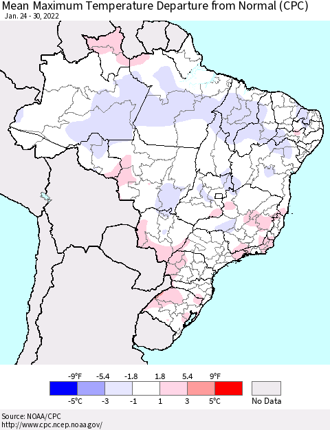Brazil Mean Maximum Temperature Departure from Normal (CPC) Thematic Map For 1/24/2022 - 1/30/2022