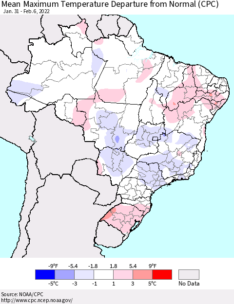 Brazil Mean Maximum Temperature Departure from Normal (CPC) Thematic Map For 1/31/2022 - 2/6/2022