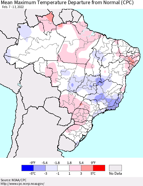 Brazil Mean Maximum Temperature Departure from Normal (CPC) Thematic Map For 2/7/2022 - 2/13/2022
