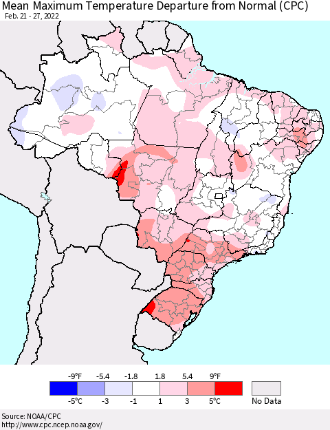 Brazil Mean Maximum Temperature Departure from Normal (CPC) Thematic Map For 2/21/2022 - 2/27/2022