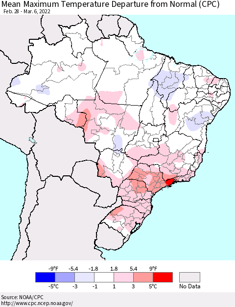Brazil Mean Maximum Temperature Departure from Normal (CPC) Thematic Map For 2/28/2022 - 3/6/2022
