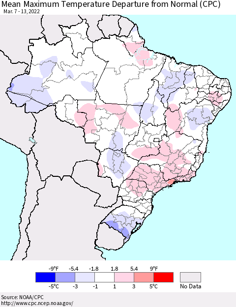 Brazil Mean Maximum Temperature Departure from Normal (CPC) Thematic Map For 3/7/2022 - 3/13/2022